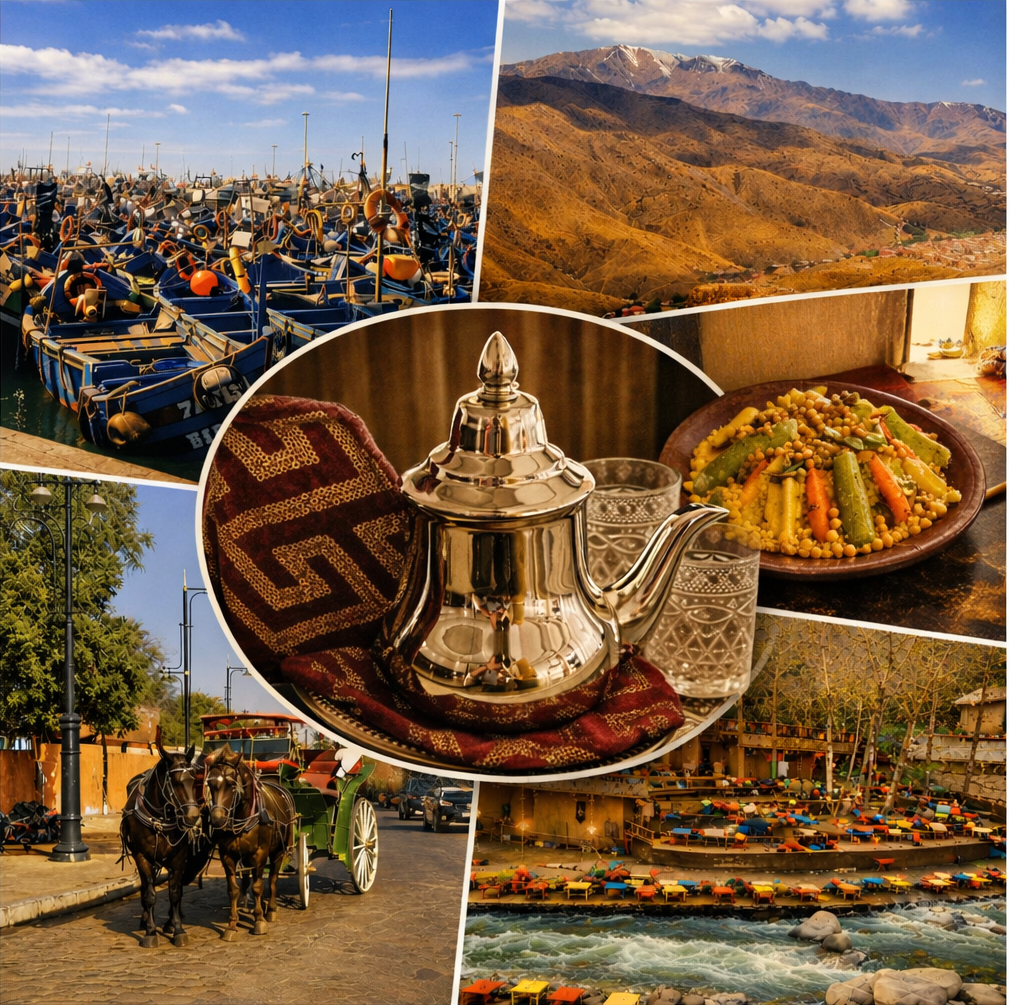 diverses représentations de villes marocaines, du thé traditionnel et leur tajine